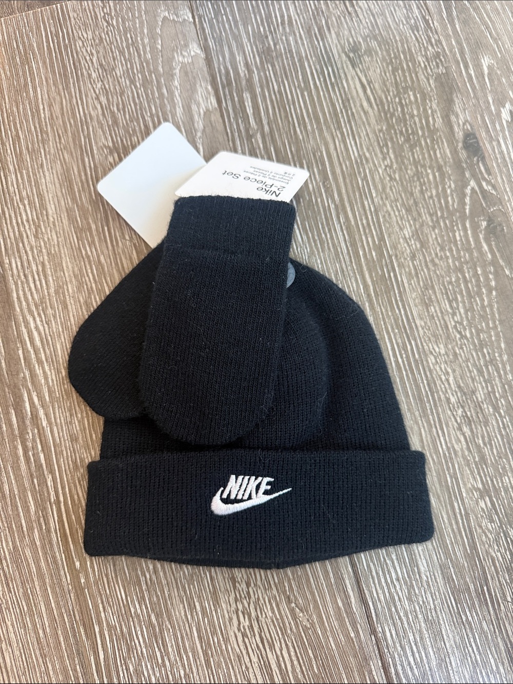 Nike Black Beanie and Mittens Set with White Logo
